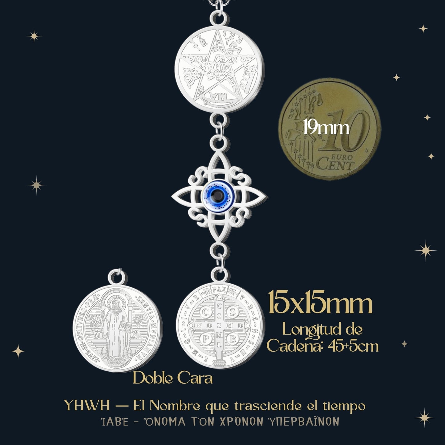 Collar Tetragramatón con Nudo de Bruja y Medalla de San Benito, Acero Inoxidable✨ Amuleto de Protección y Energía Positiva en Acero Inoxidable