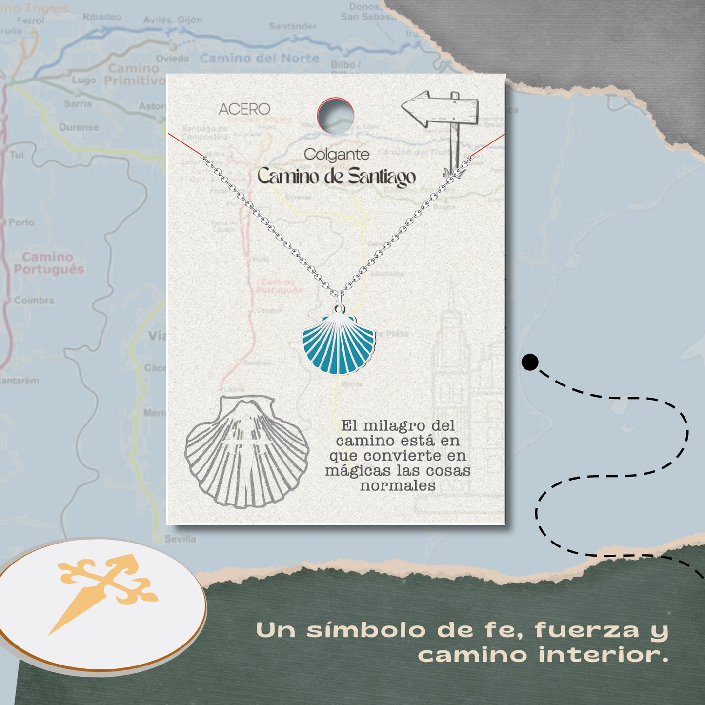 Collar del Camino de Santiago - Conchas de Santiago, recuerdos ruta del peregrino, cruz de santiago, joyas mujer + regalo una pulsera de 7 nudos.