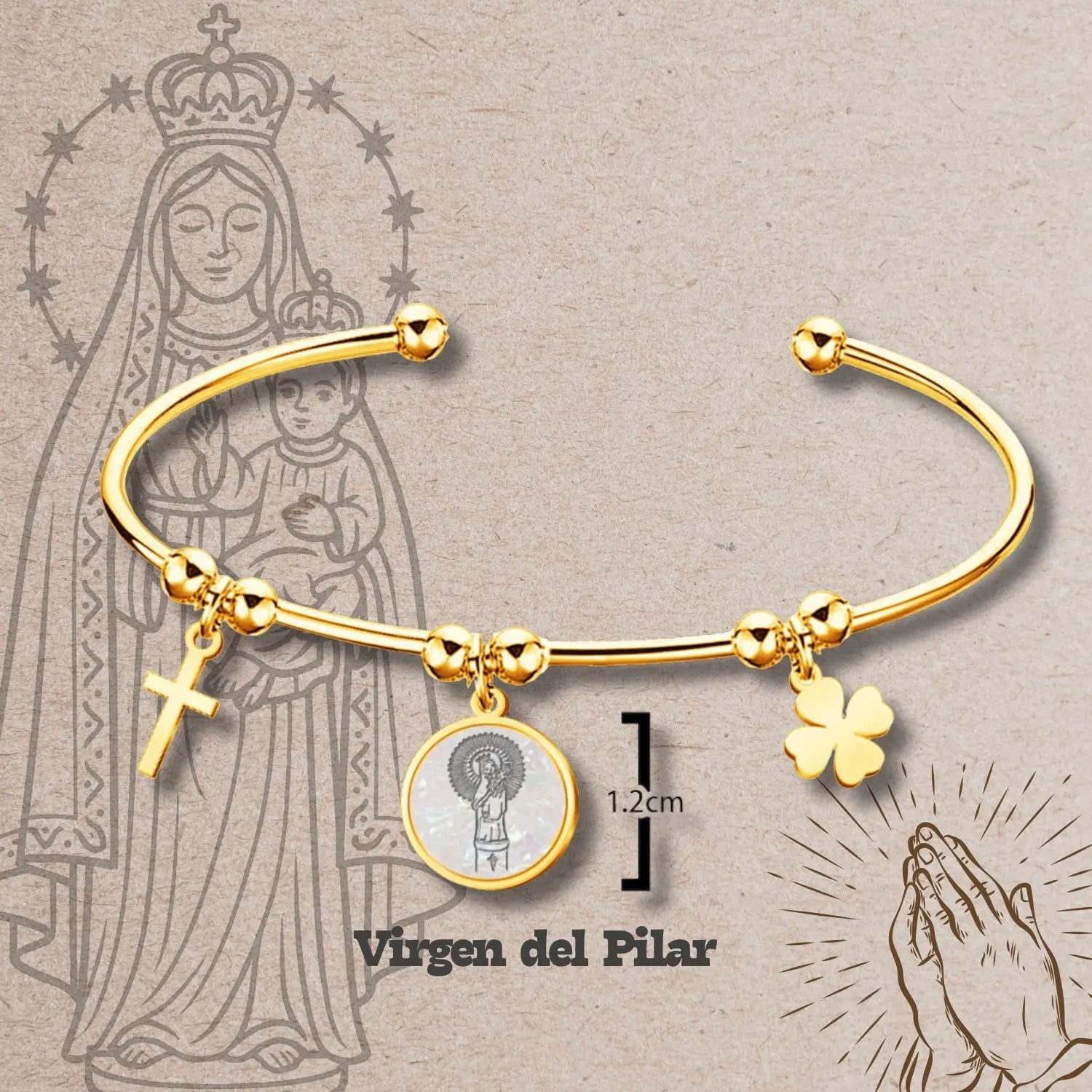 Pulsera Virgen del Pilar de Acero Dorado con Charms de Protección y Suerte - cotigo