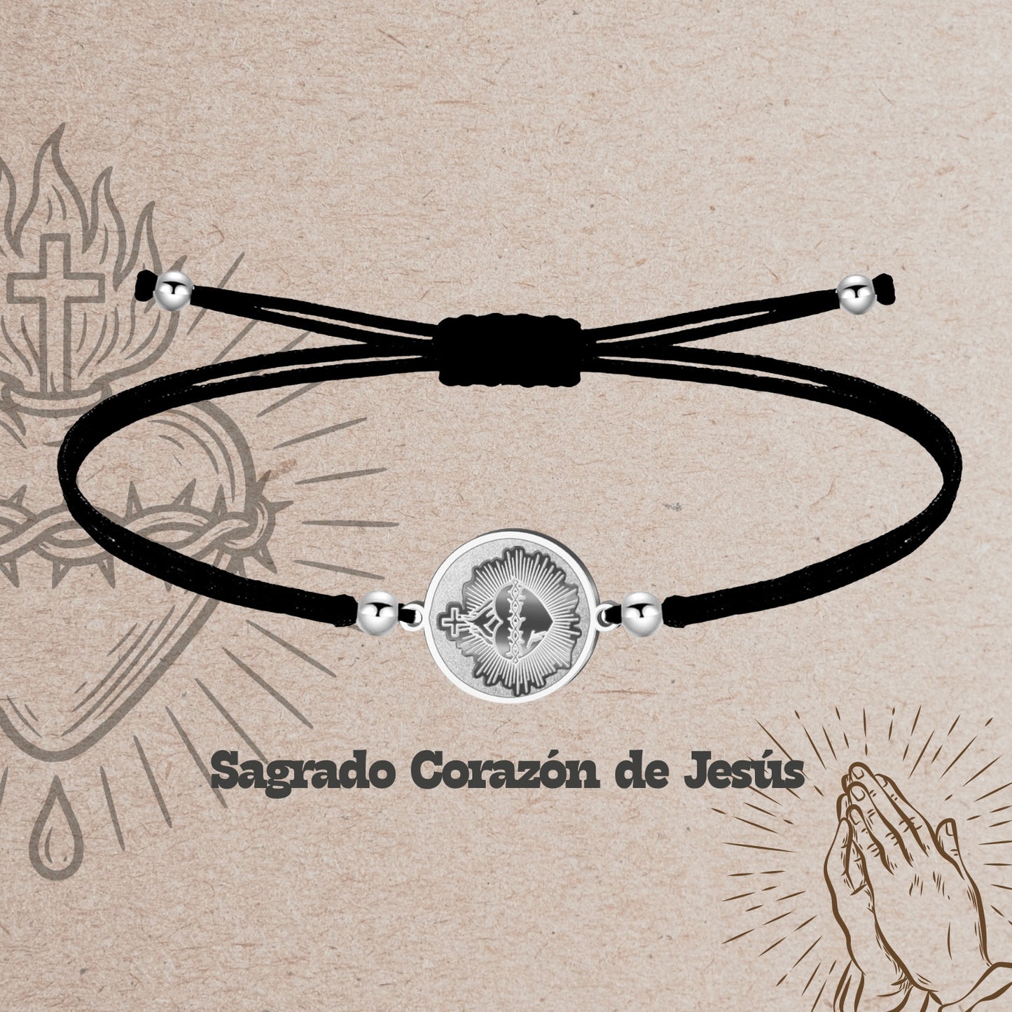 Pulsera Hilo Encerado con CORAZON DE JESUS color Plateado