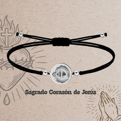 Pulsera Hilo Encerado con CORAZON DE JESUS color Plateado