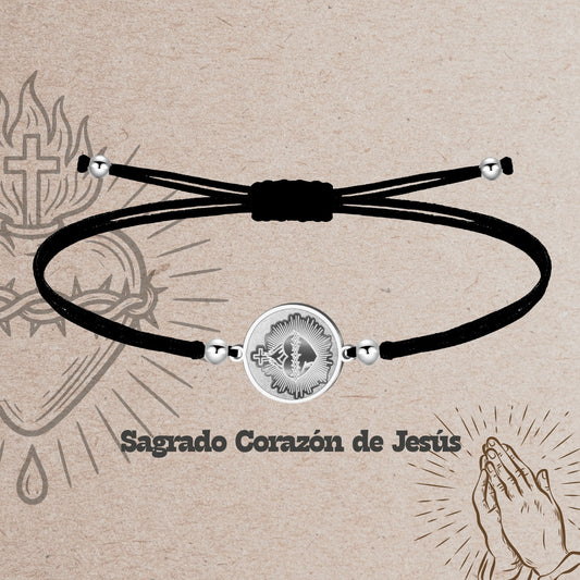Pulsera Hilo Encerado con CORAZON DE JESUS color Plateado