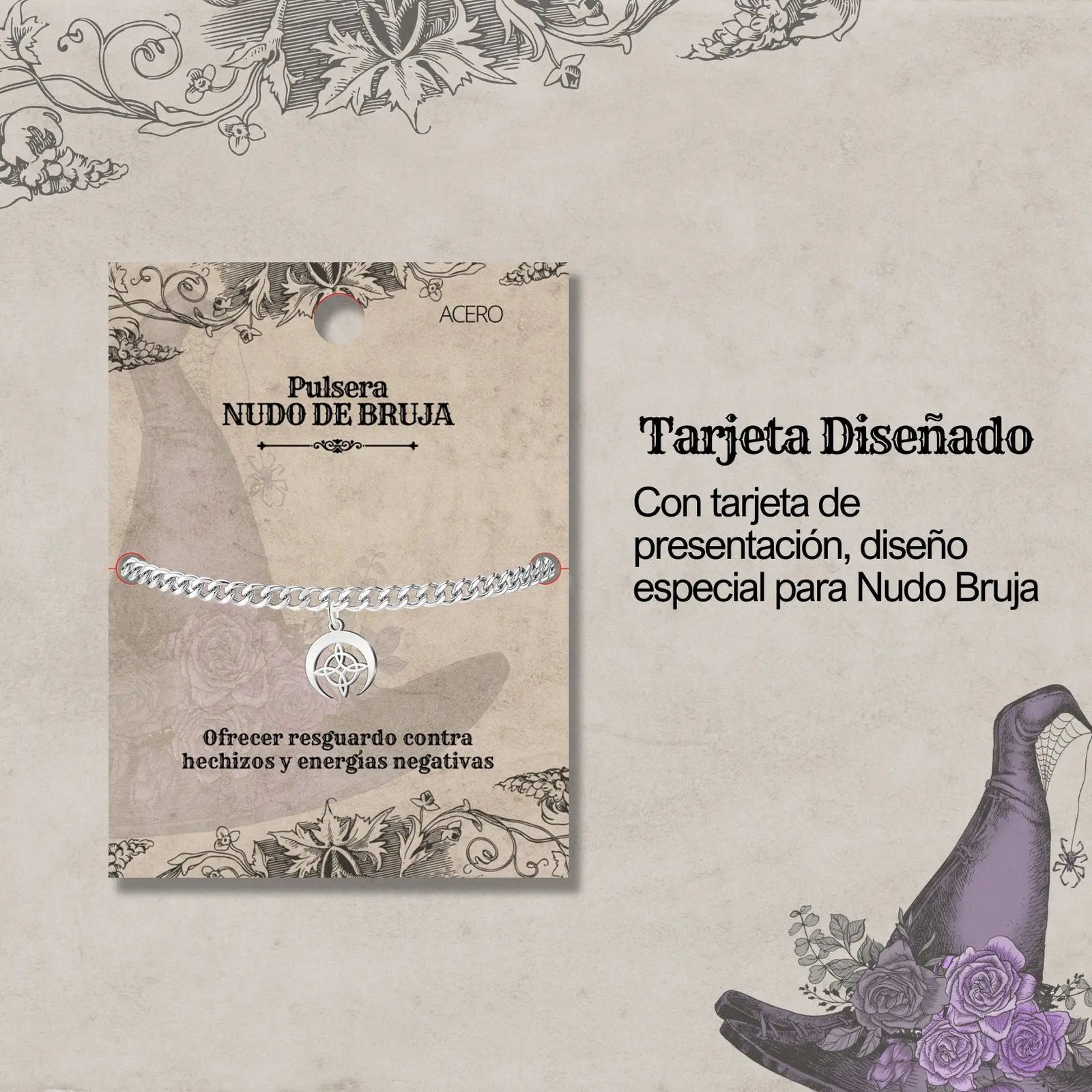 Pulsera Nudo de Bruja con Luna en Acero detalle