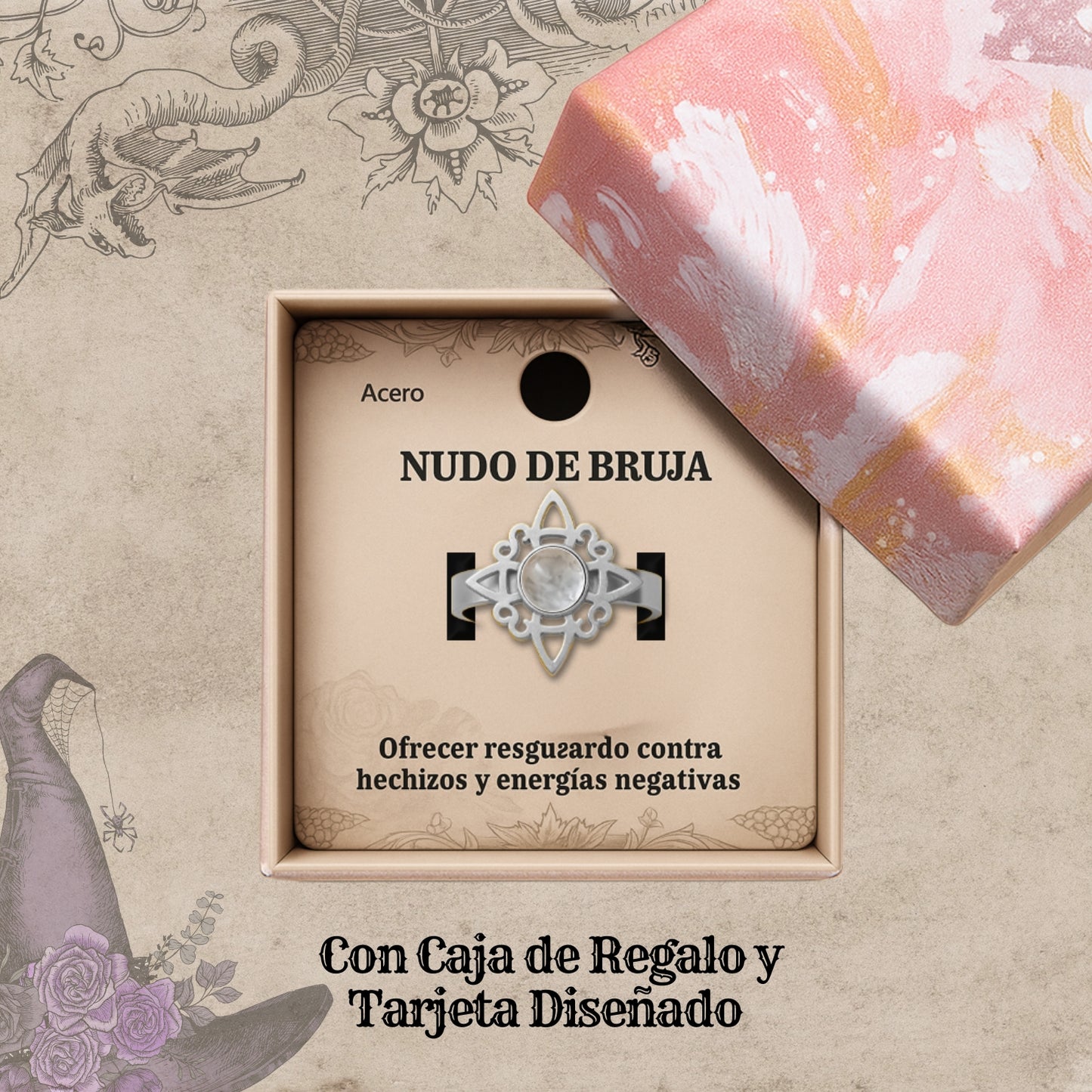 Anillo Nudo de Bruja Acero Plateado con Curzo Blanco