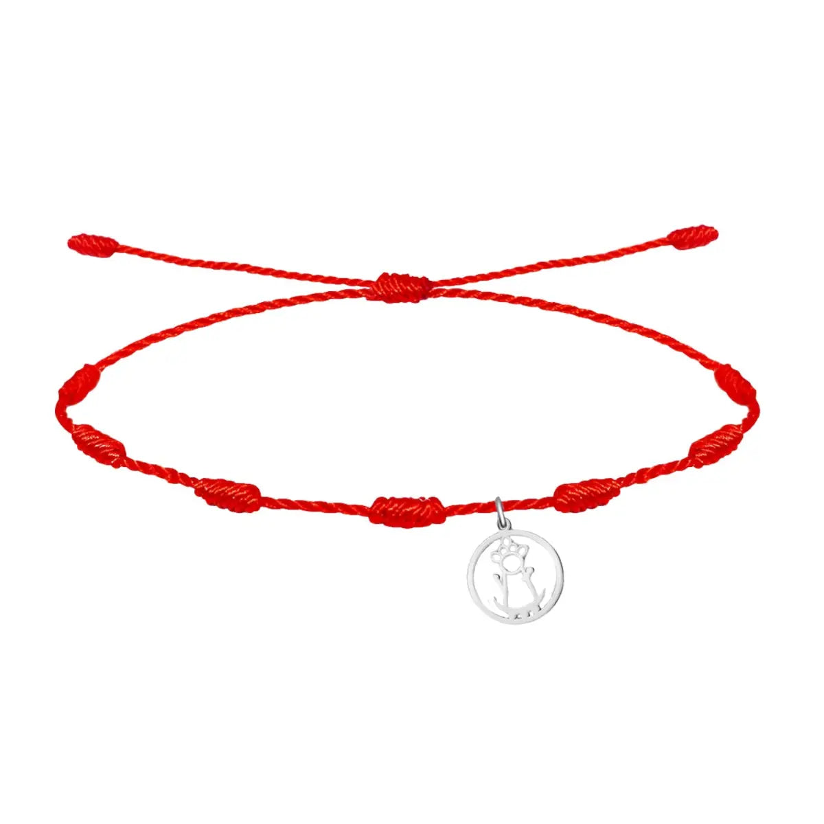 Pulsera de hilo rojo 7 nudos con charm minimalista de silueta calada de la Virgen de la Fuensanta en acero plateado