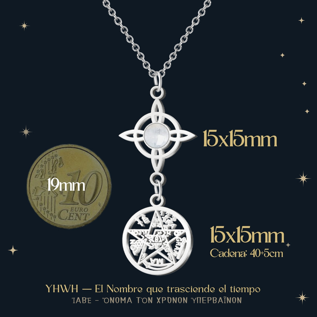 Colgante Tetragrammaton y Nudo de Bruja con Cuarzo Blanco en Acero Plateado - cotigo