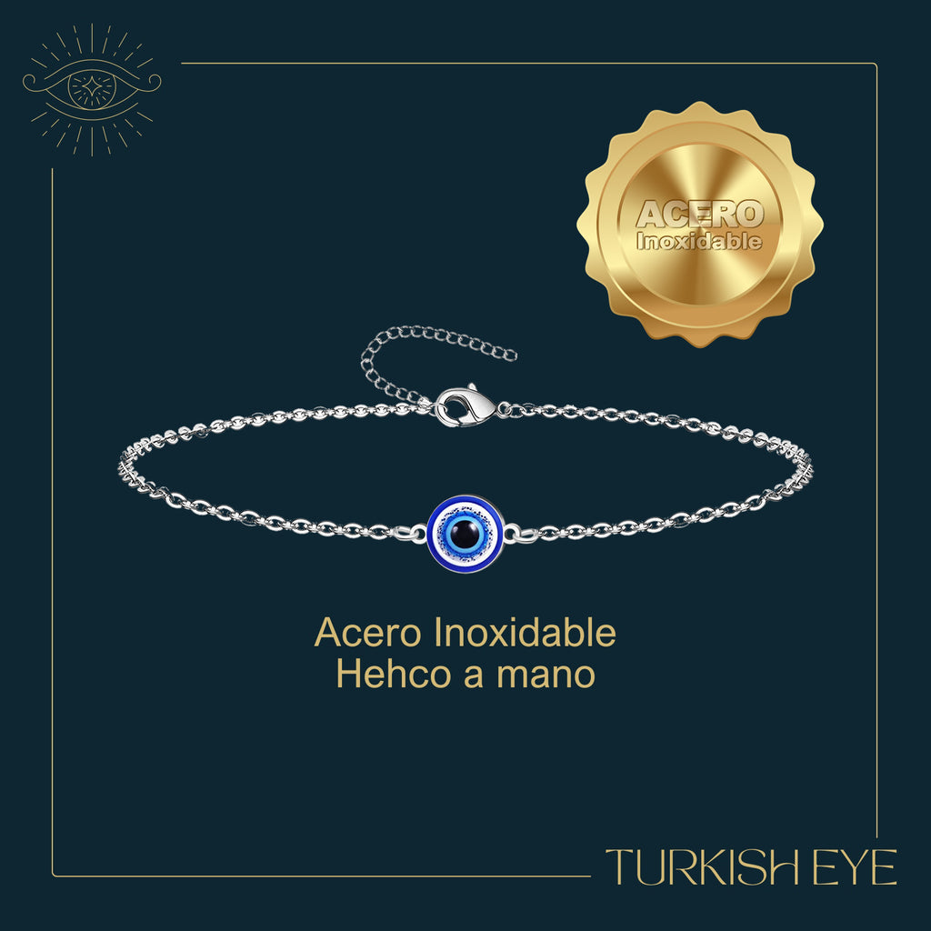 Pulsera de Ojo Turco en Acero con Cadena Plateada Fina acabado