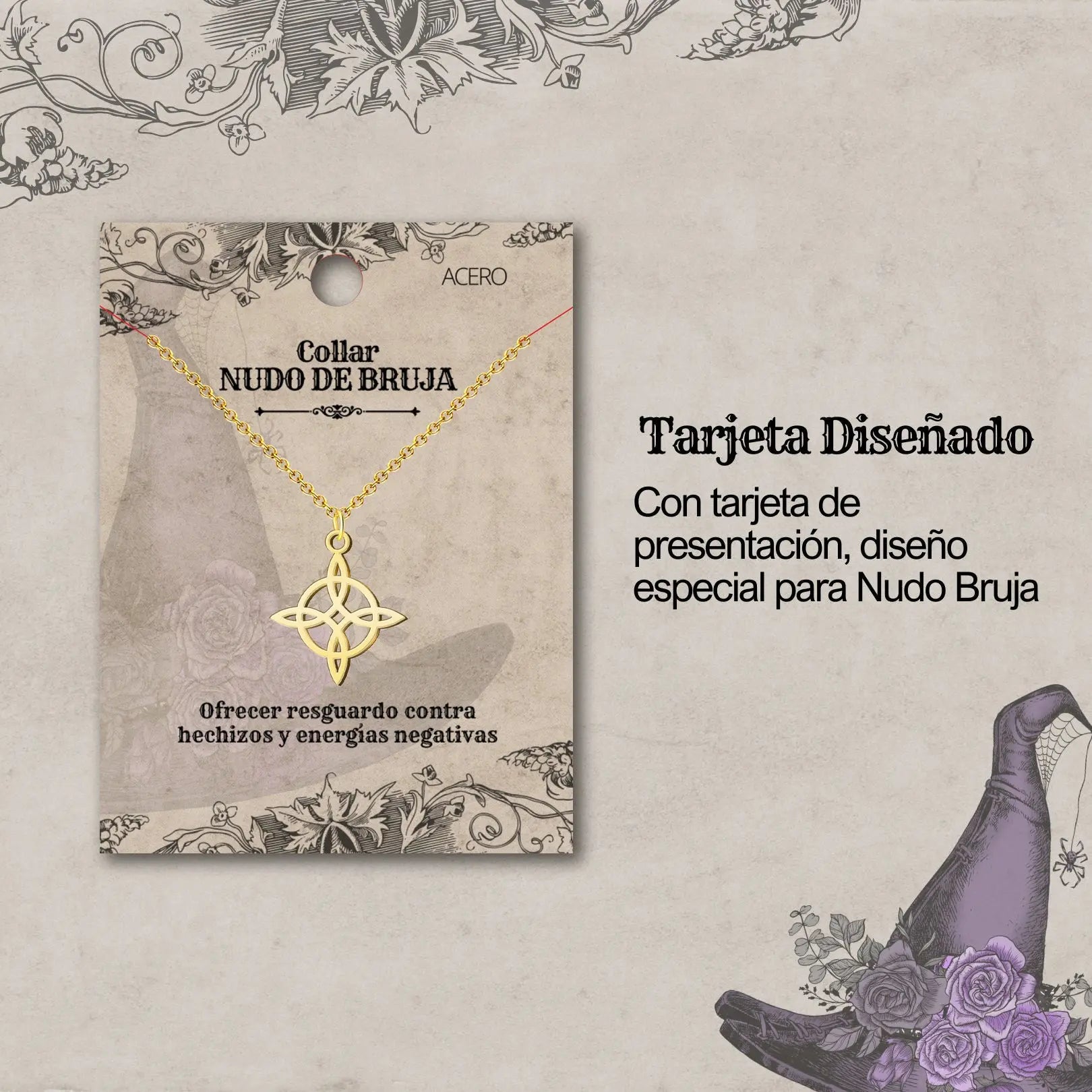 Collar Nudo de Bruja Clásico en Acero Inoxidable Dorado - cotigo