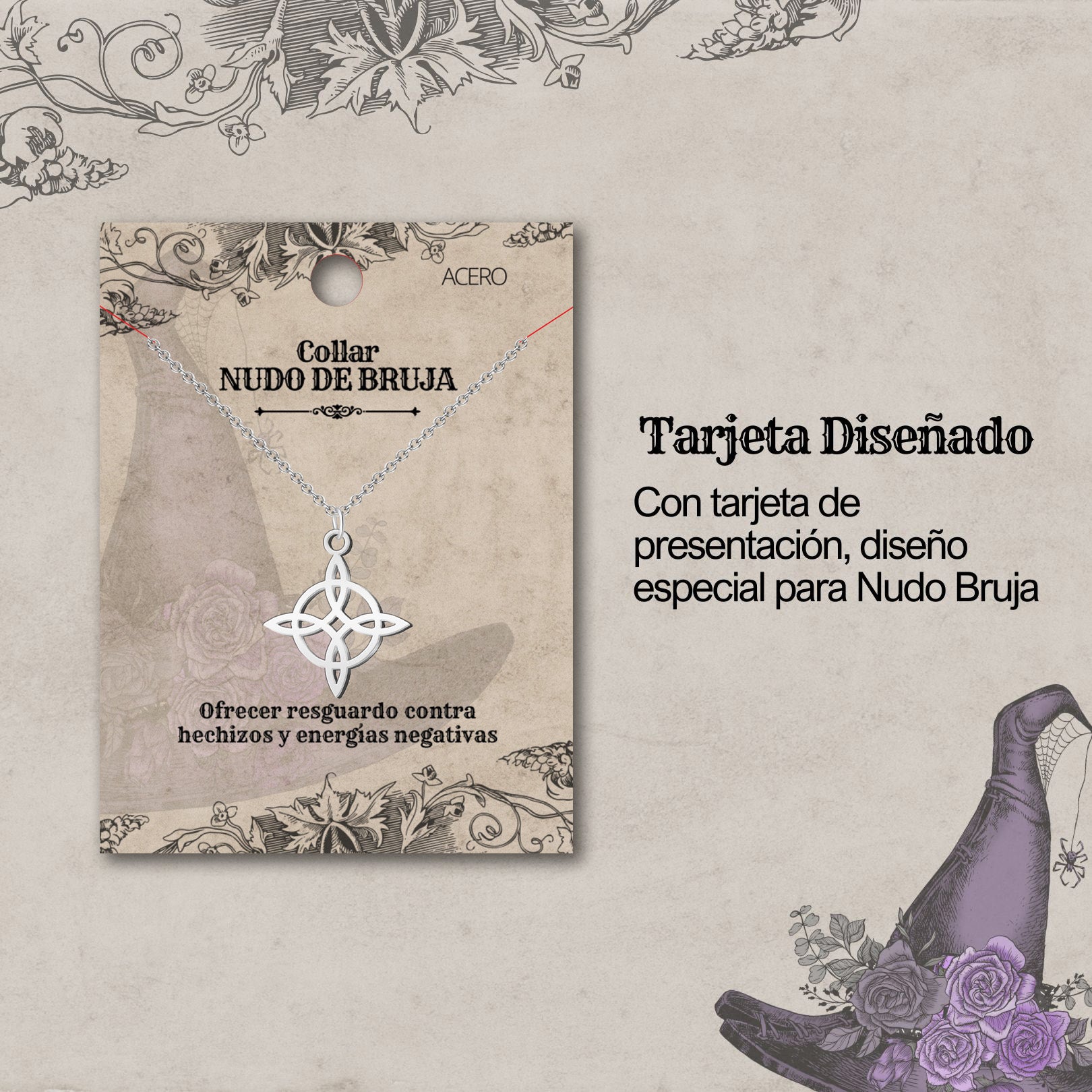 Collar Nudo de Bruja Clásico en Acero Inoxidable Plateado - cotigo