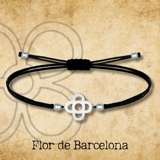 Pulsera Hilo encerado negro con Flor Barcelona Acero Plateado