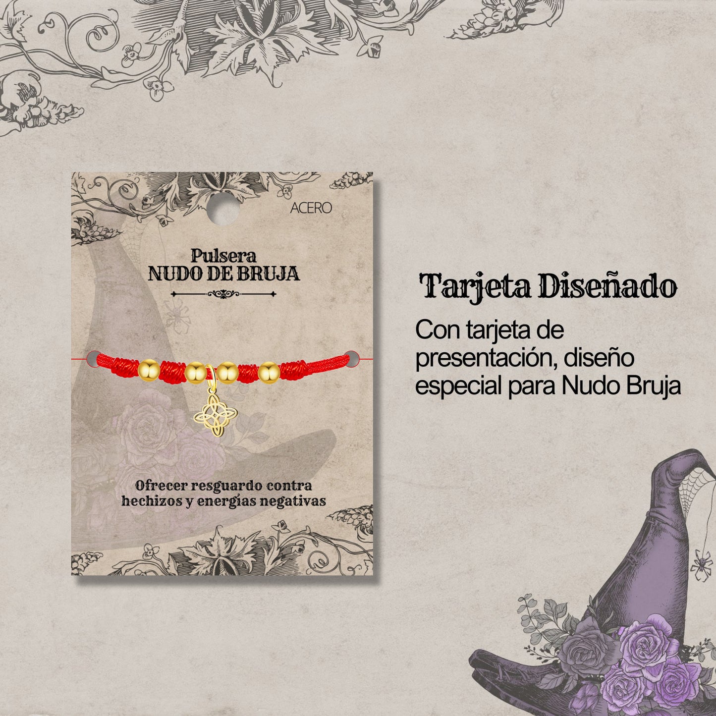 Pulsera Hilo Encerado con Nudo bruja Acero Inoxidable color Dorado