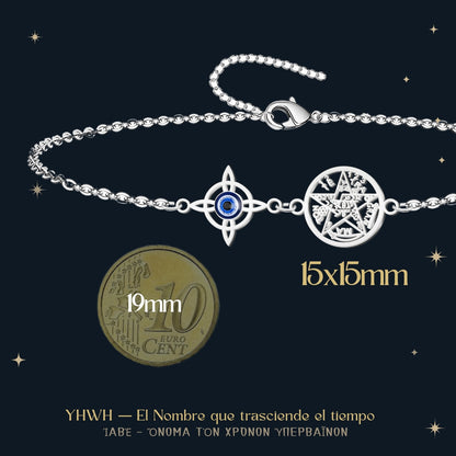 Pulsera Tetragrammaton con Nudo de Bruja Acero inoxidable color plateado, con Ojo de turco | Amuleto de Protección y Energía Positiva en Acero Inoxidable