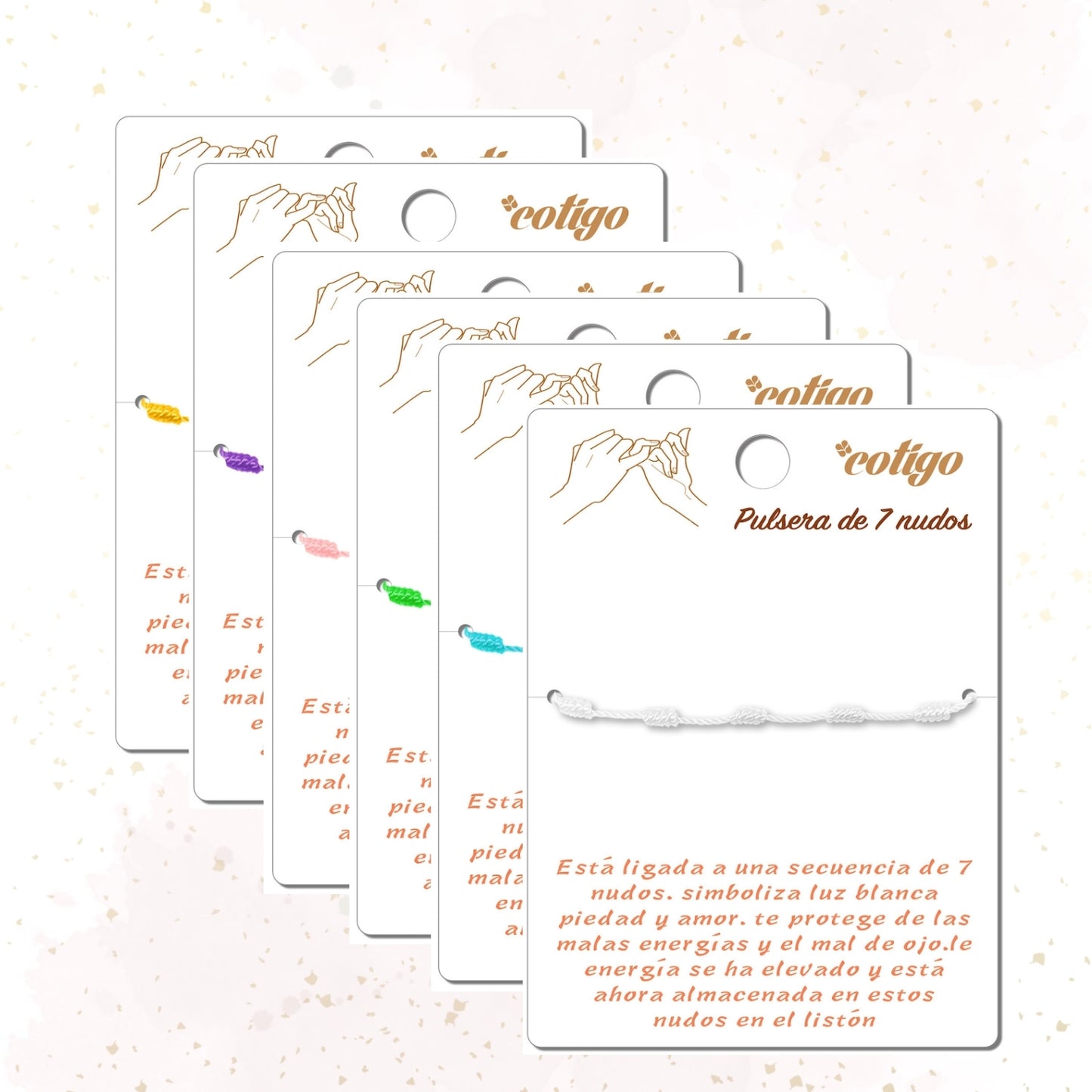 ✨ 6 Pulseras 7 Nudos Hecha a Mano 🌈 Varios Colores con Significado Especial 💫 Incluye Tarjeta Diseñada 🎁 Amuleto de Protección y Suerte 🍀
