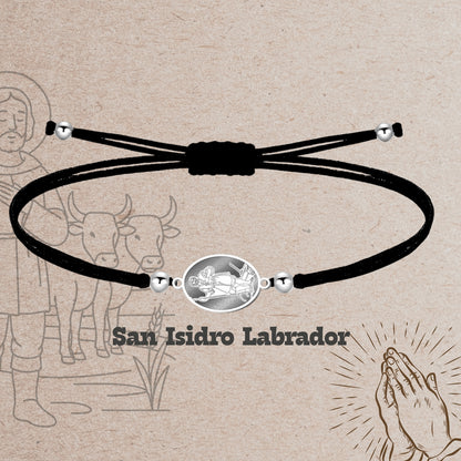 Pulsera Hilo Encerado con SAN ISIDRO LABRADOR color Plateado