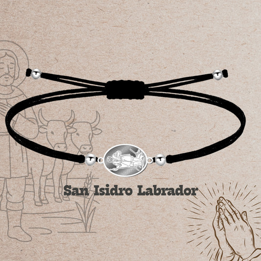 Pulsera Hilo Encerado con SAN ISIDRO LABRADOR color Plateado