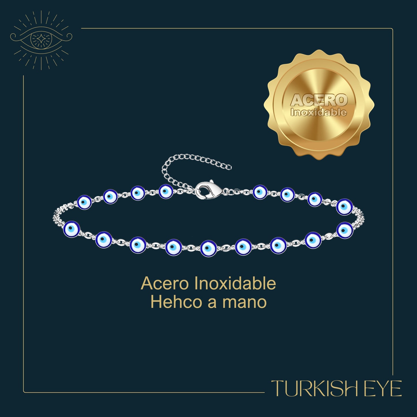 Pulsera Ojo Turco Acero Inoxidable | Amuleto contra la envidia y energías negativas + Regalo Pulsera 7 Nudos