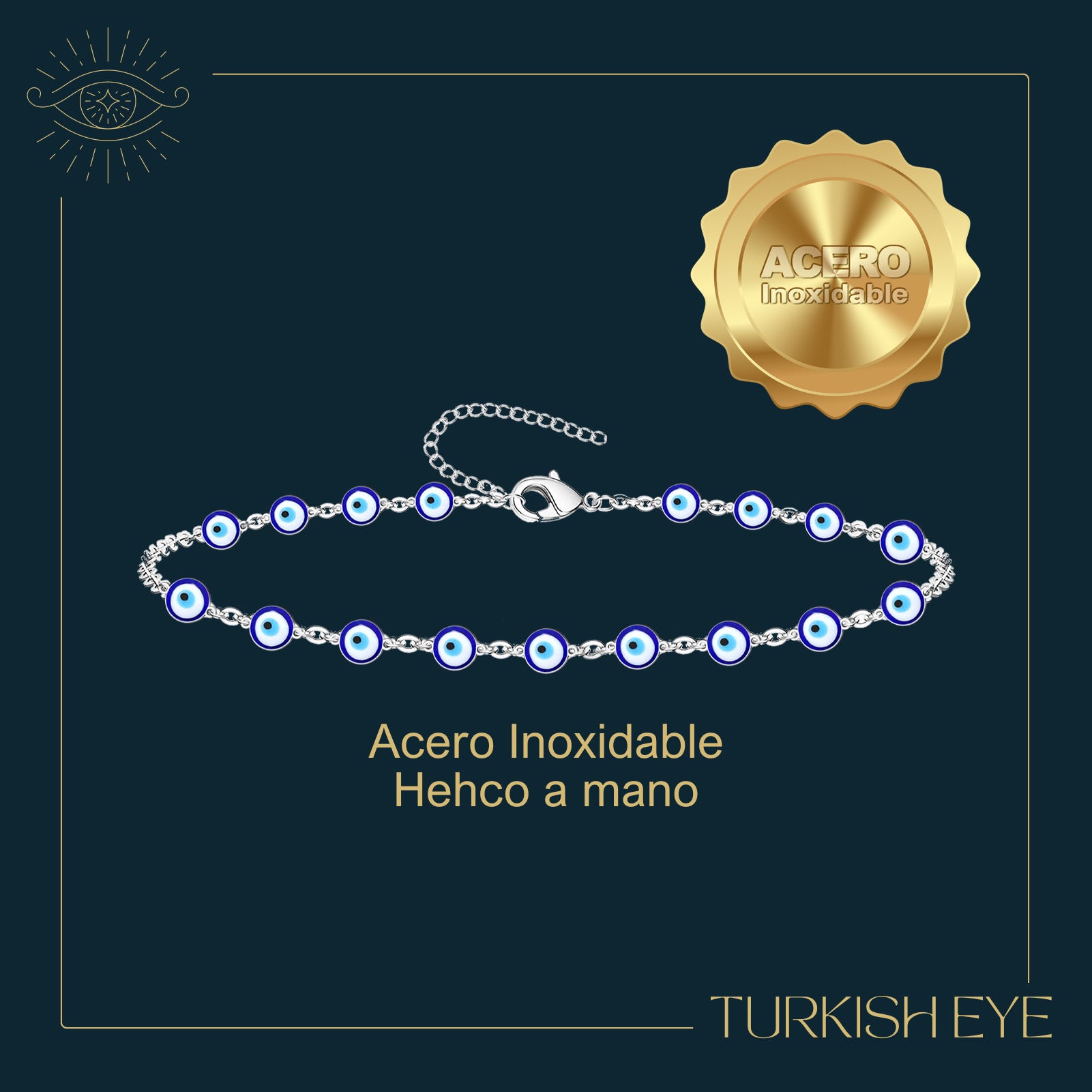 Pulsera Ojo Turco Acero Inoxidable | Amuleto contra la envidia y energías negativas + Regalo Pulsera 7 Nudos - cotigo