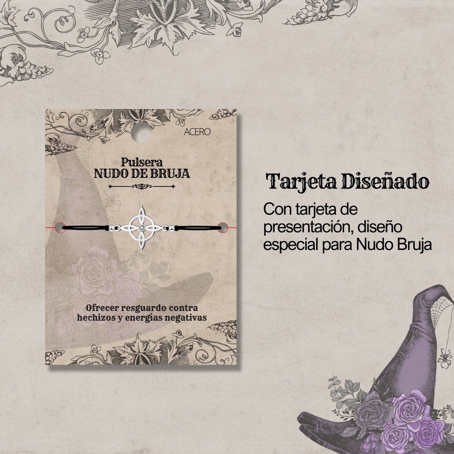 Pulsera Hilo Encerado con Nudo bruja Acero Inoxidable color Plateado