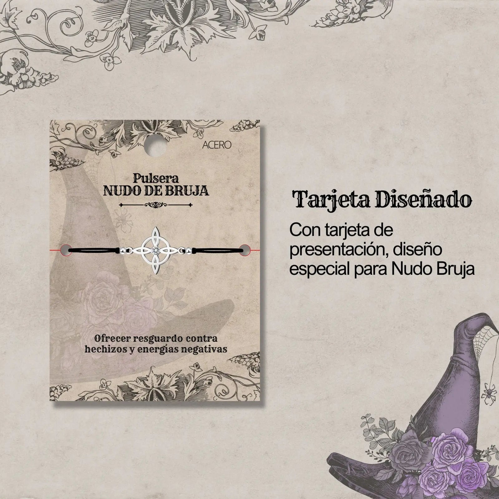 Pulsera Nudo de Bruja con Hilo Negro en Acero Plateado detalle