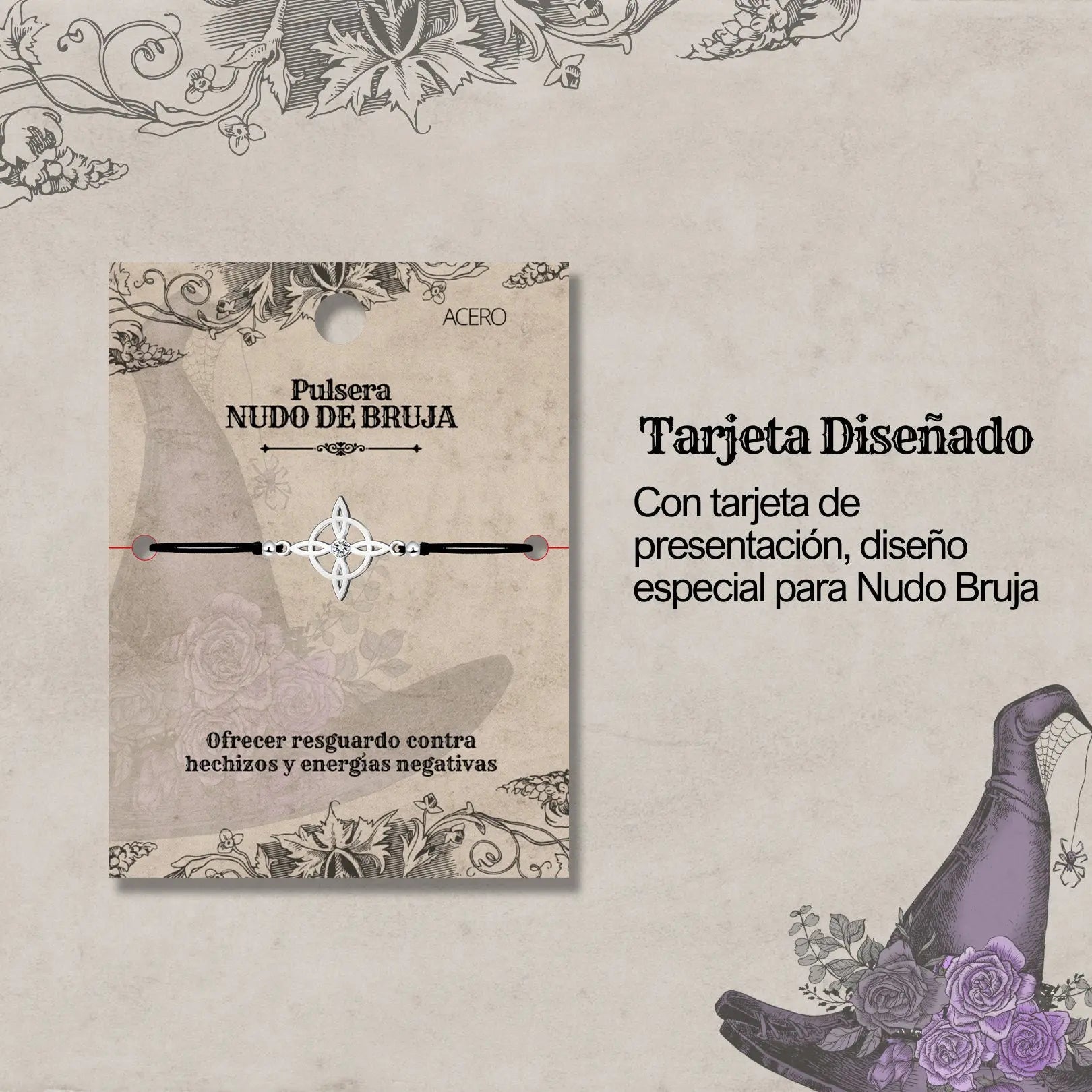 Pulsera Hilo Encerado con Nudo de Bruja Acero Inoxidable Plateado - cotigo
