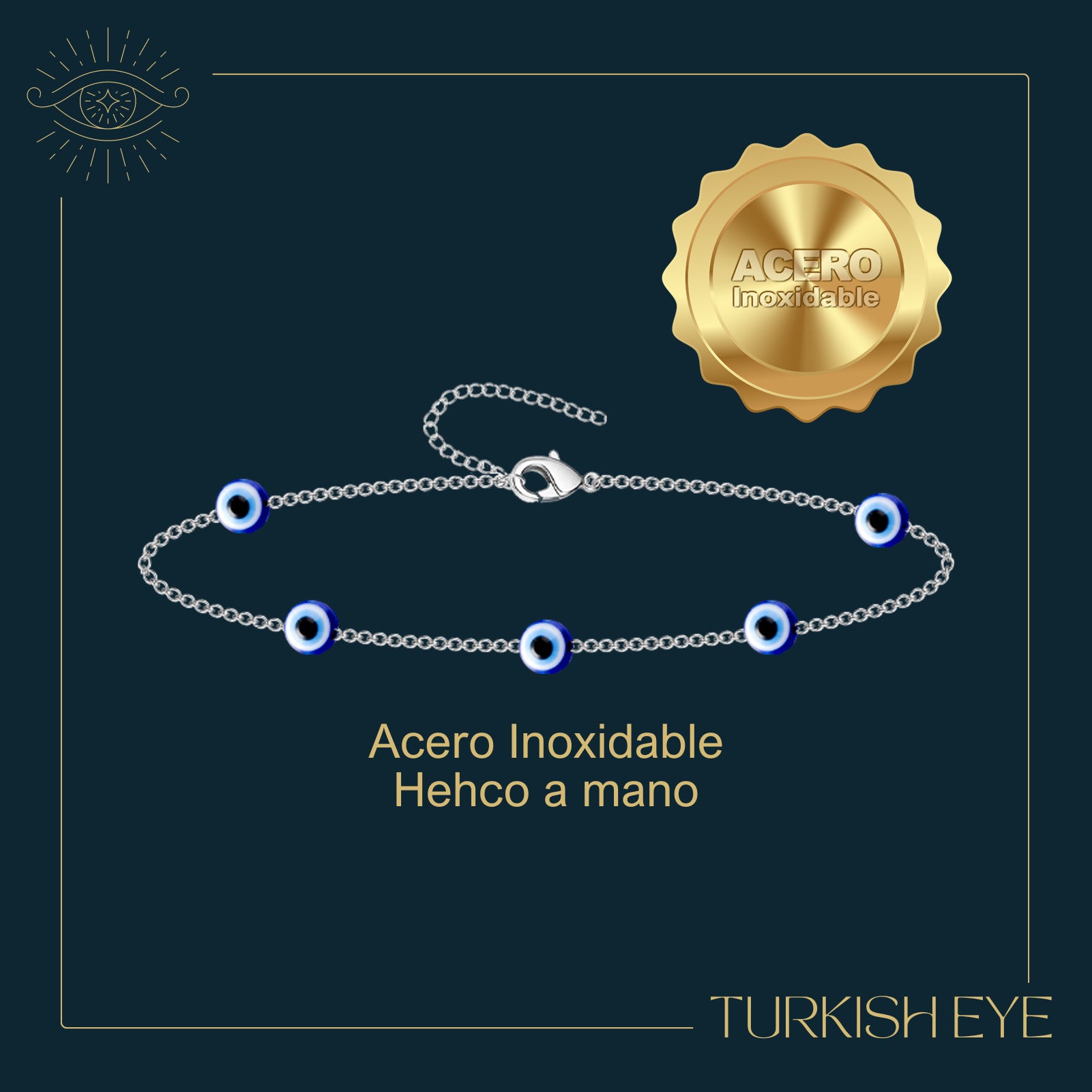 Pulsera Ojo Turco Acero Inoxidable | Amuleto contra la envidia y energías negativas + Regalo Pulsera 7 Nudos - cotigo