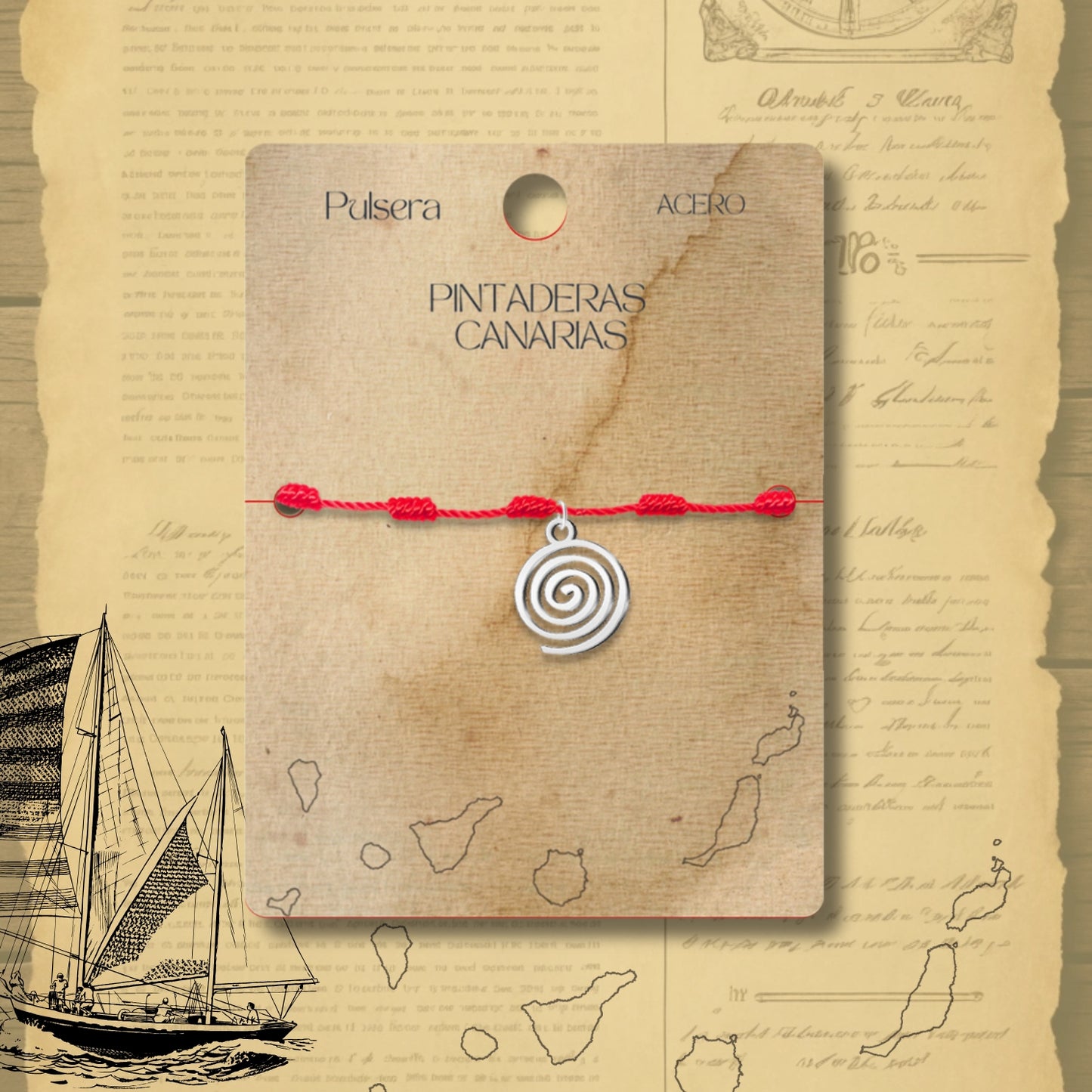 Pulsera 7 Nudos con  Pintadera Canarias Acero Plateado