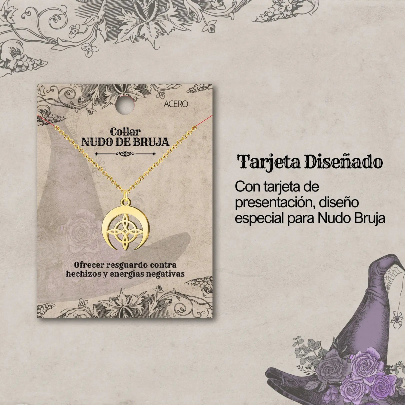 Collar Nudo de Bruja con Luna en Acero Inoxidable Dorado - cotigo