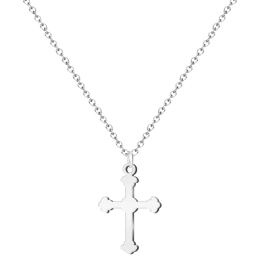 Colgante de acero plateado con forma de Cruz de Liébana y cadena de eslabones