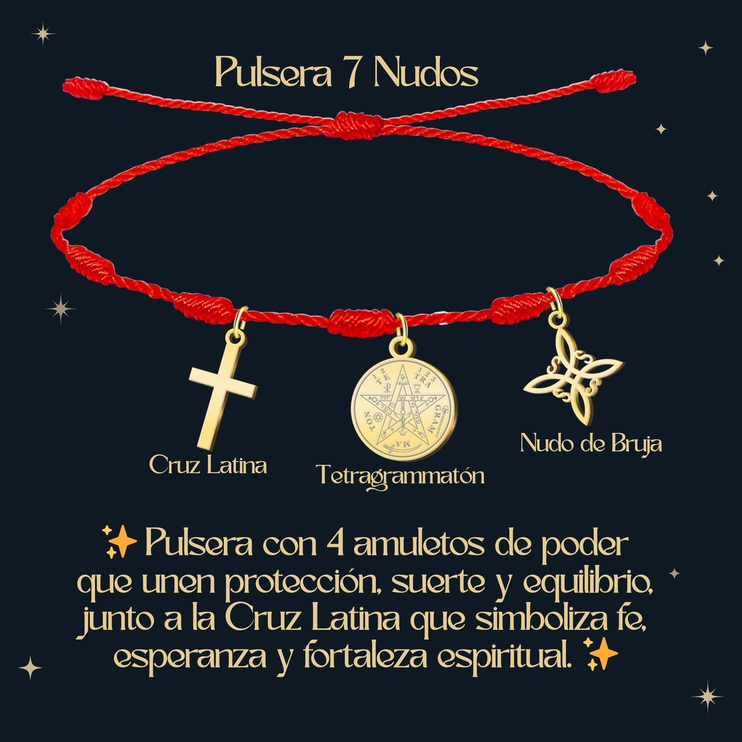 Pulsera 7 nudos con Nudo de Bruja y Tetragramatón, y Cruz Latina Dorado Acero Inoxidable