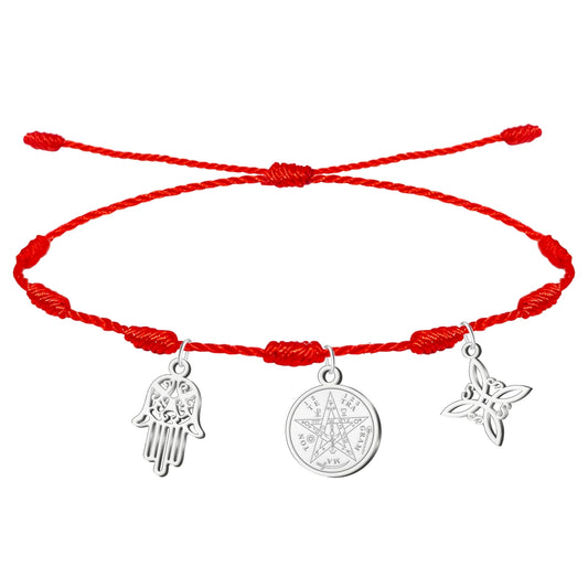 Pulsera 7 nudos con Nudo de Bruja y Tetragramatón, y Mano Fátima Plateado Acero Inoxidable