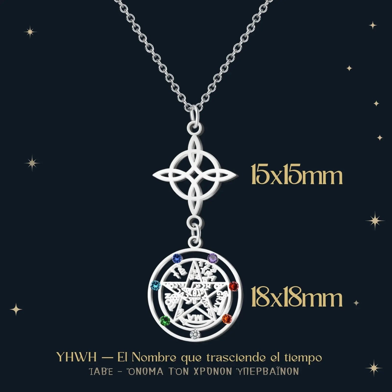 Colgante Tetragrammatón con Circonitas y Nudo de Bruja Acero Plateado - cotigo