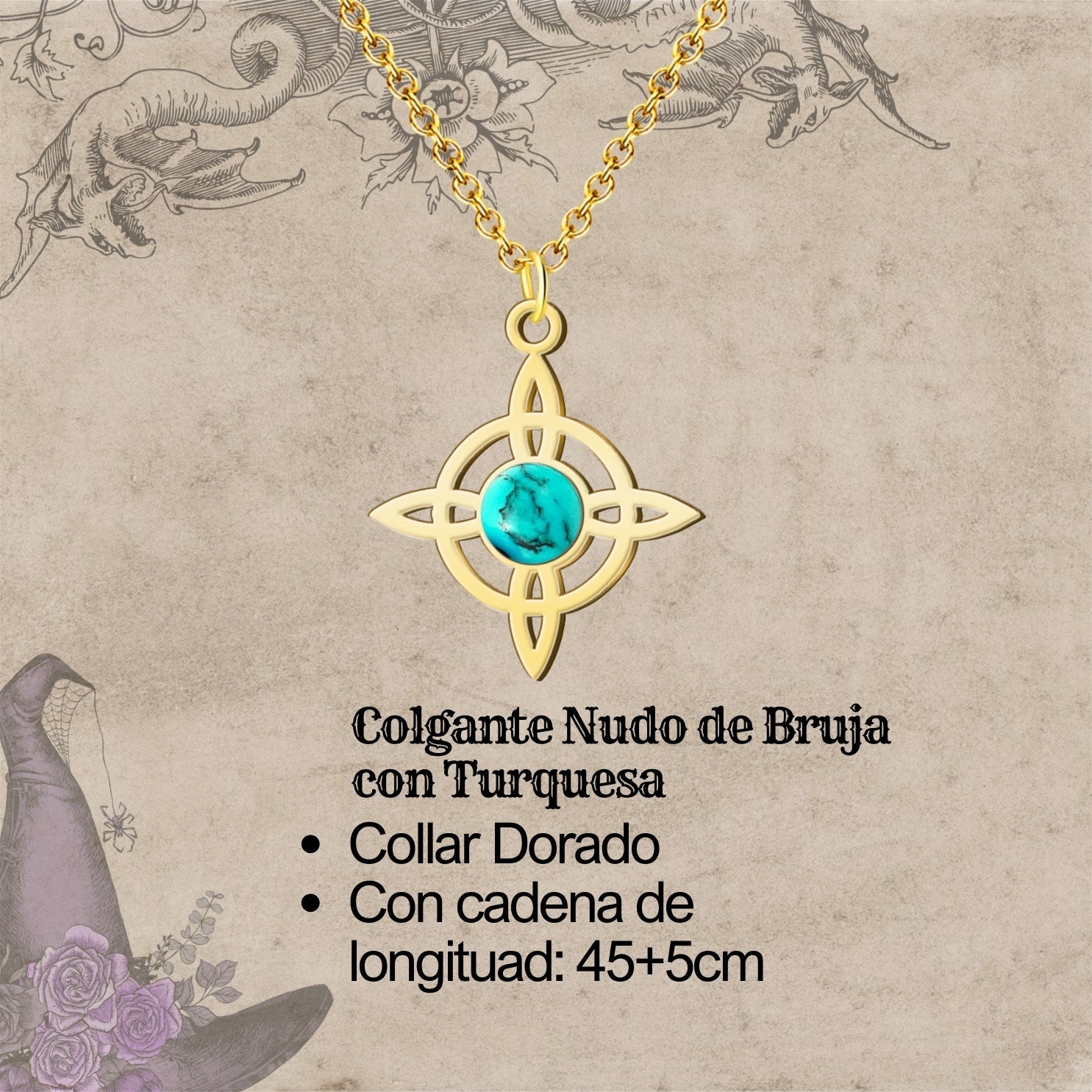 Colgante Nudo de Bruja con Turquesa en Acero Dorado cotigo