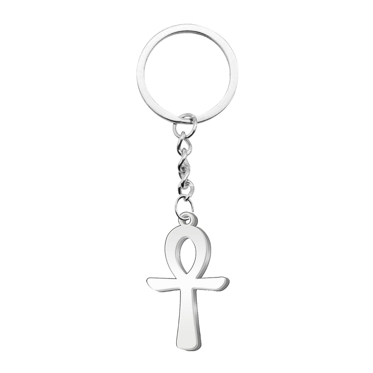 Llavero de metal con colgante de la Cruz Egipcia (Ankh) fabricado en acero inoxidable de color plateado, unido a una argolla circular mediante una cadena de eslabones corta.