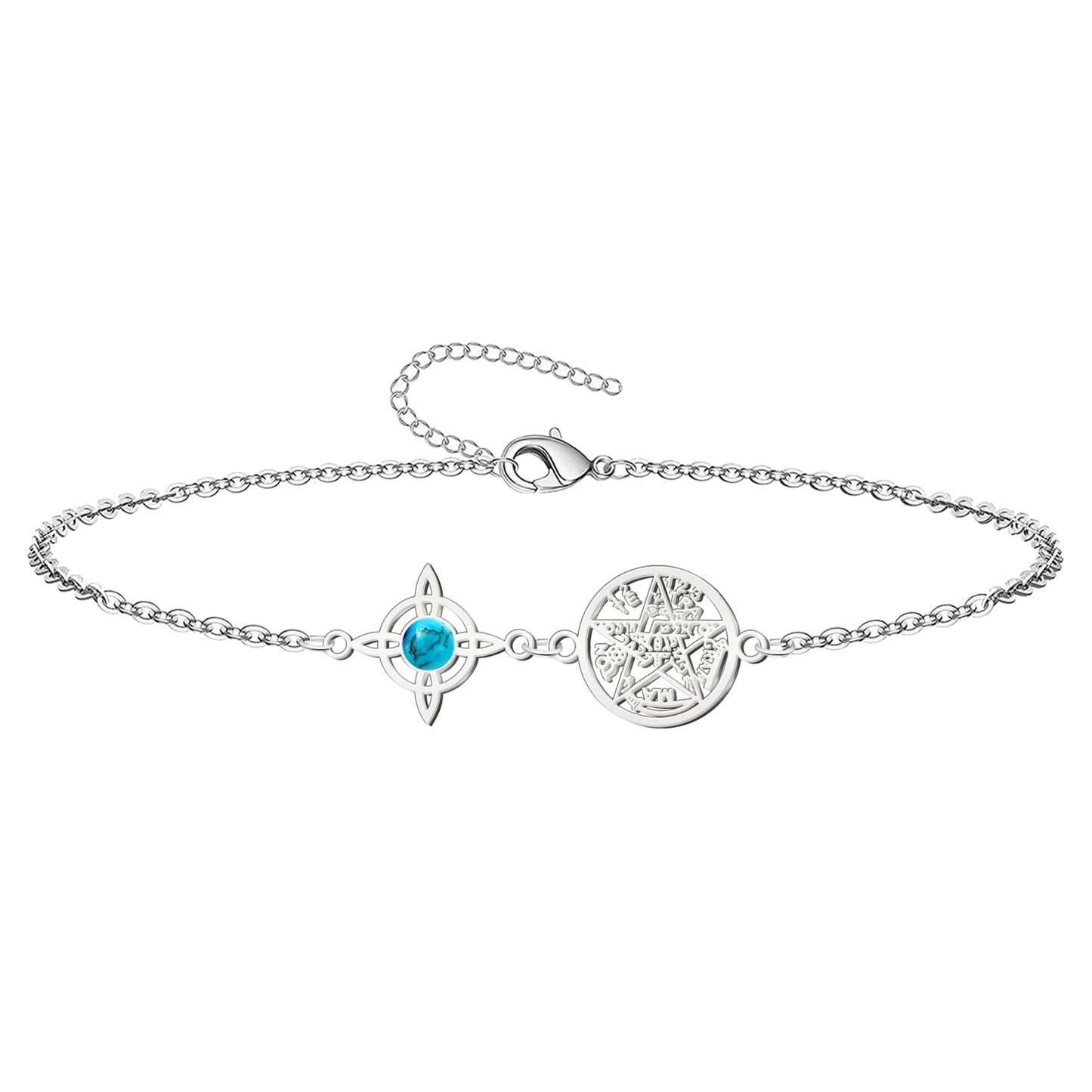 Pulsera Tetragrammatón con Nudo de Bruja y Turquesa – Protección Ancestral, Suerte y Comunicación en Acero Inoxidable