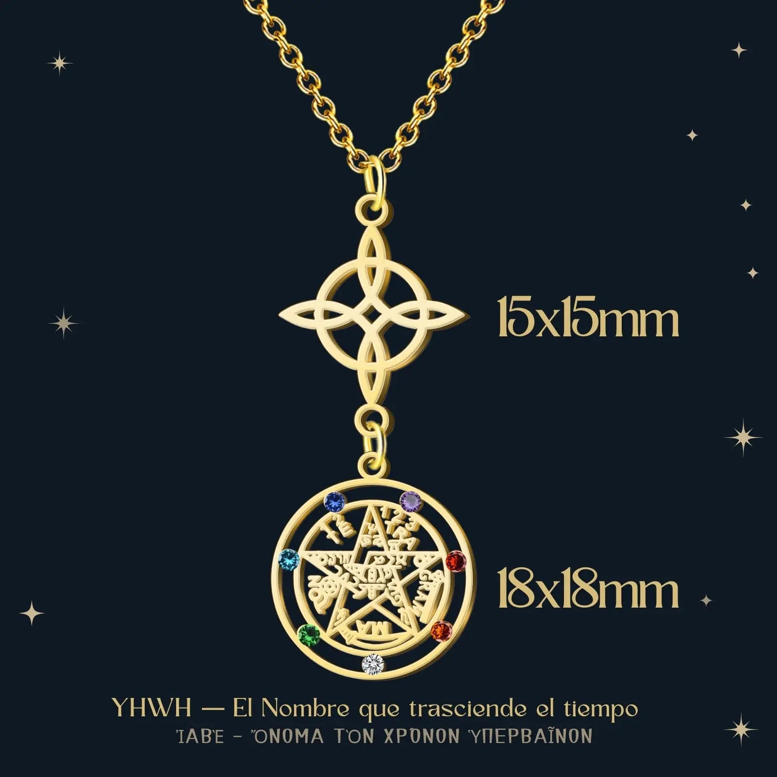 Colgante Tetragrammatón con Circonitas y Nudo de Bruja Acero Dorado - cotigo