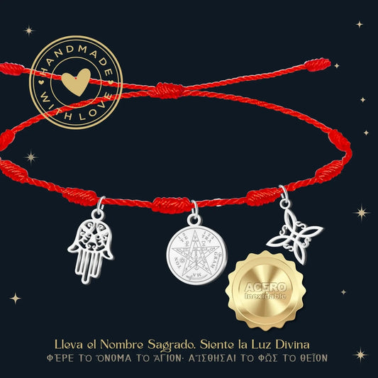 Pulsera 7 Nudos con Colgante Plateado: Tetragrammaton, Nudo de Bruja y Mano Fatima - cotigo