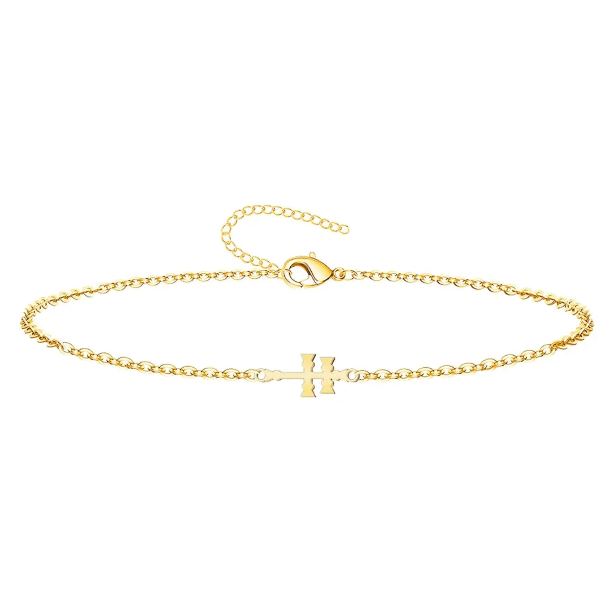 Pulsera de cadena fina en acero inoxidable con baño de oro, detalle de Cruz de Caravaca en posición horizontal y cierre ajustable