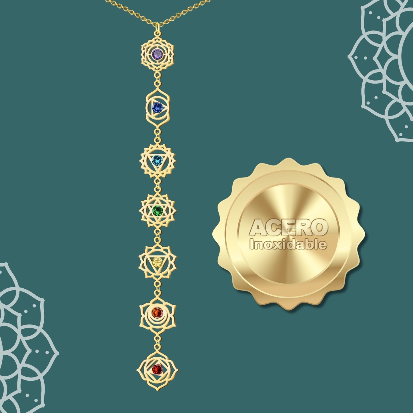 Collar 7 Chakras Acero Inoxidable , color Dorado✨ Amuleto Energético con Regalo Pulsera Nudo de Bruja