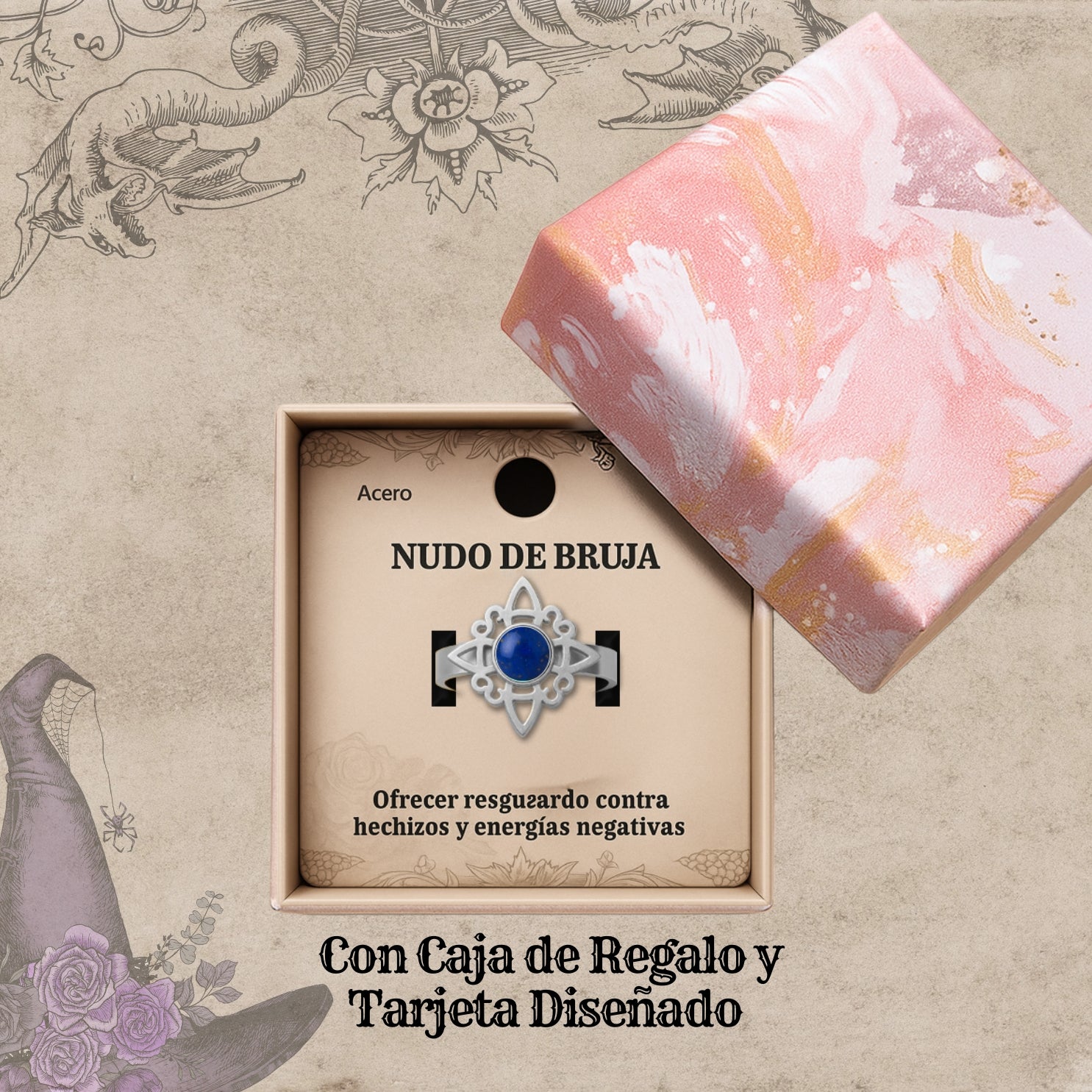 Anillo Nudo de Bruja con Lapislázuli en Acero Plateado - cotigo
