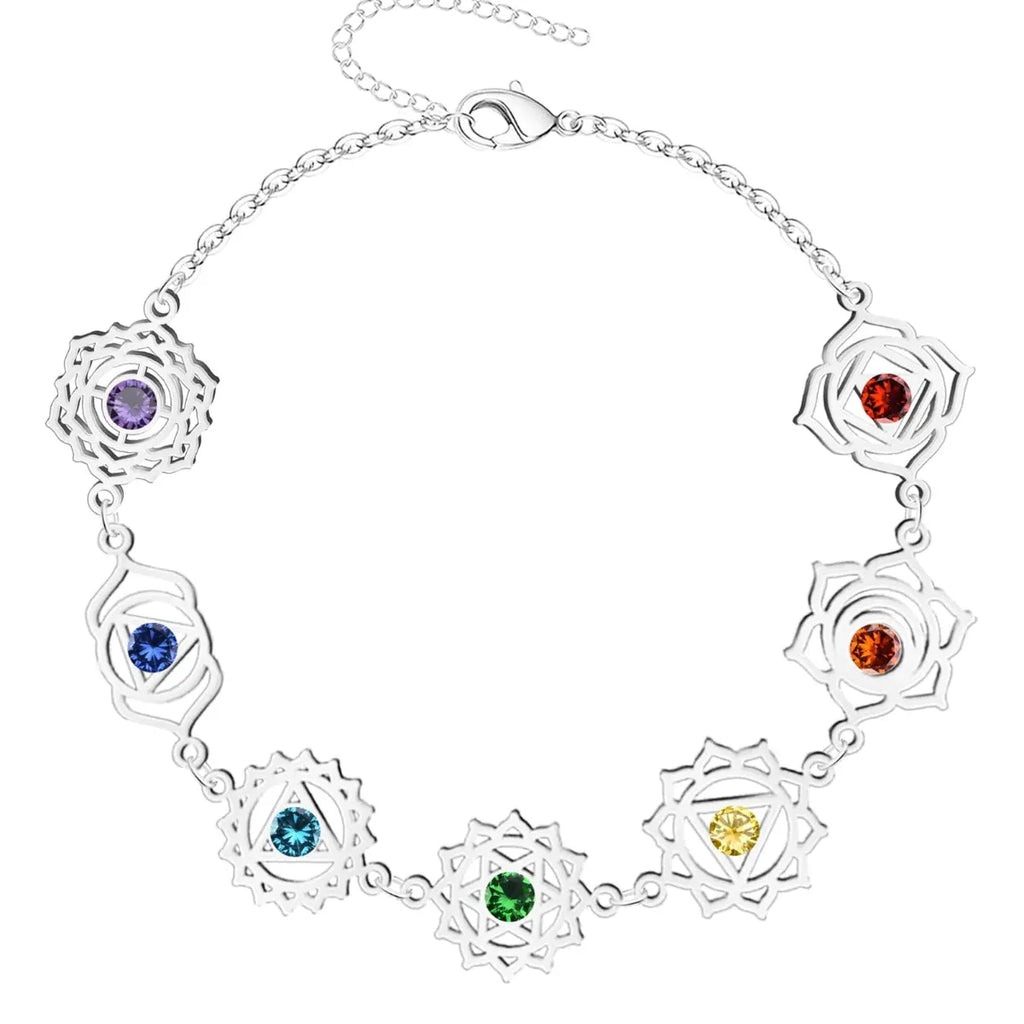 Pulsera de los 7 chakras en acero inoxidable plateado con símbolos de loto y cristales de colores