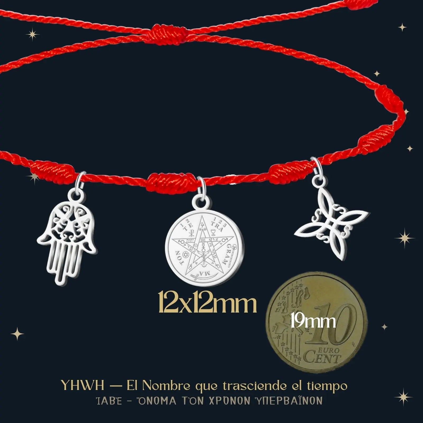 Pulsera 7 Nudos con Colgante Plateado: Tetragrammaton, Nudo de Bruja y Mano Fatima - cotigo