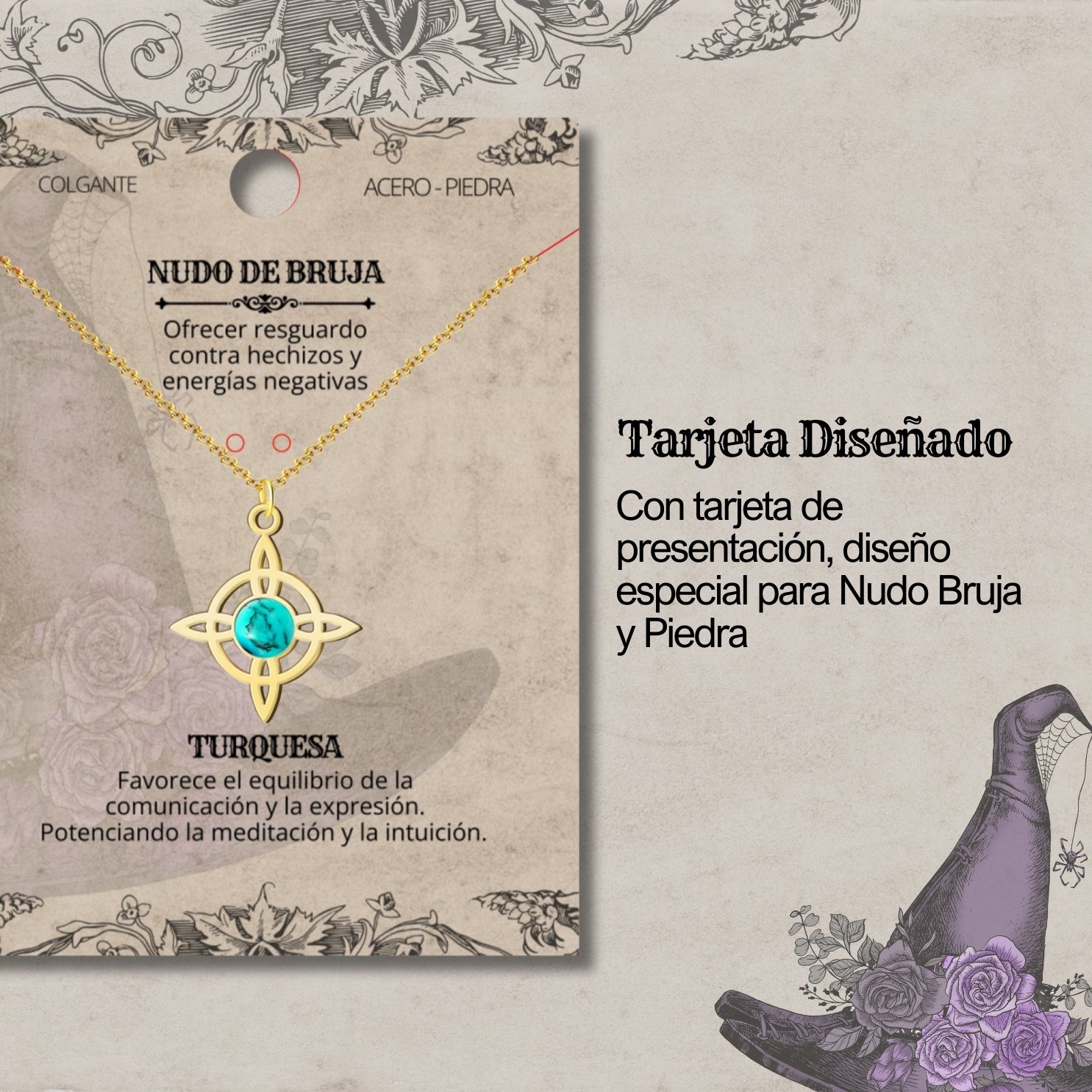 Colgante Nudo de Bruja con Turquesa en Acero Dorado cotigo