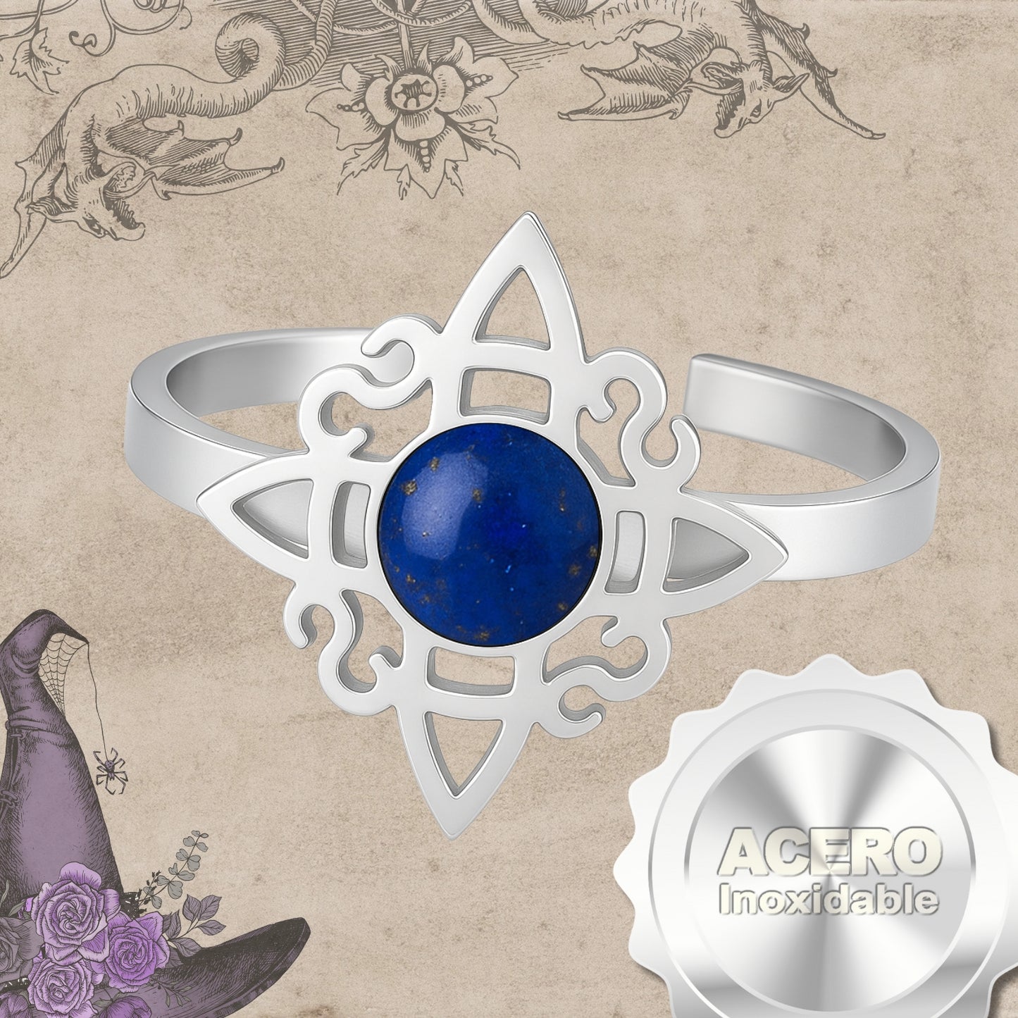 Anillo Nudo de Bruja Acero Plateado con Lapizlazuri