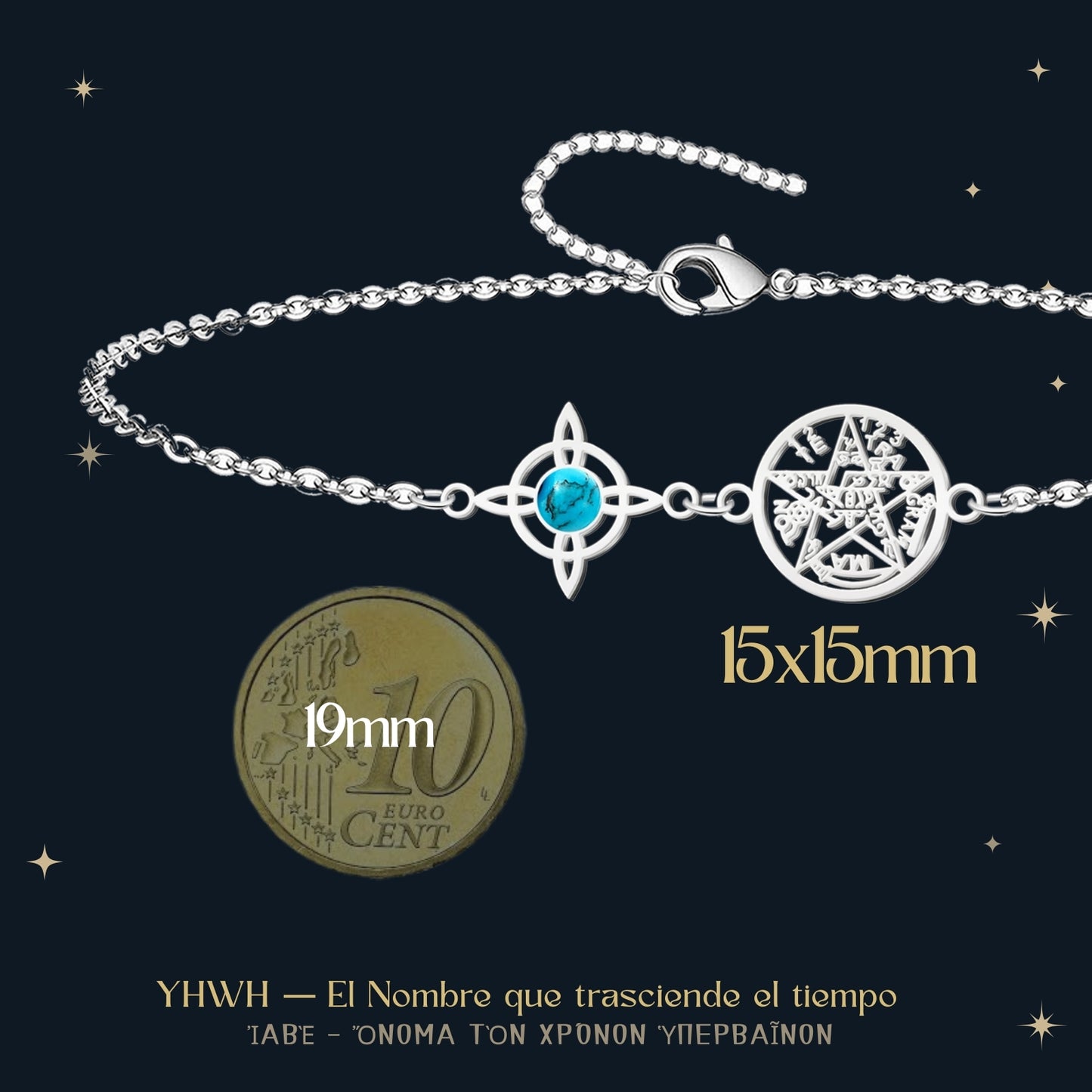 Pulsera Tetragrammatón con Nudo de Bruja y Turquesa – Protección Ancestral, Suerte y Comunicación en Acero Inoxidable