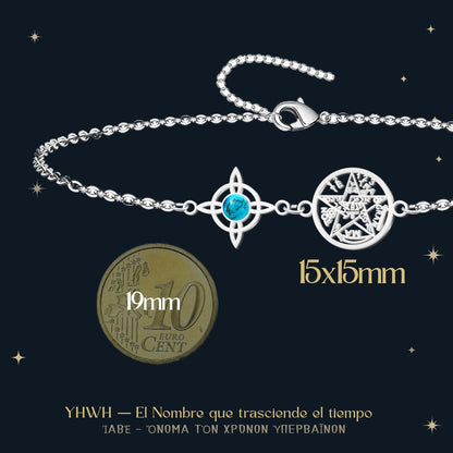 Pulsera Tetragrammatón con Nudo de Bruja y Turquesa – Protección Ancestral, Suerte y Comunicación en Acero Inoxidable