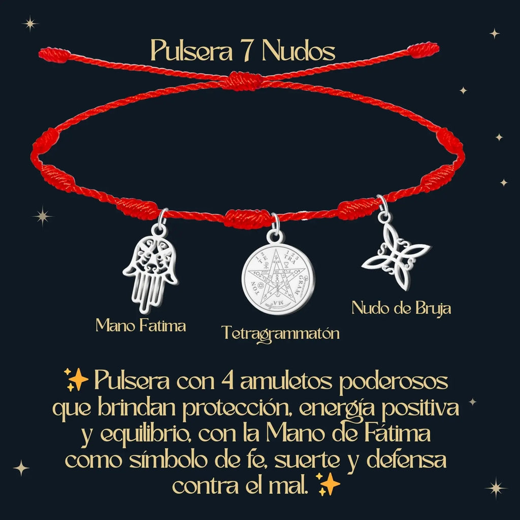 Pulsera 7 Nudos con Colgante Plateado: Tetragrammaton, Nudo de Bruja y Mano Fatima - cotigo