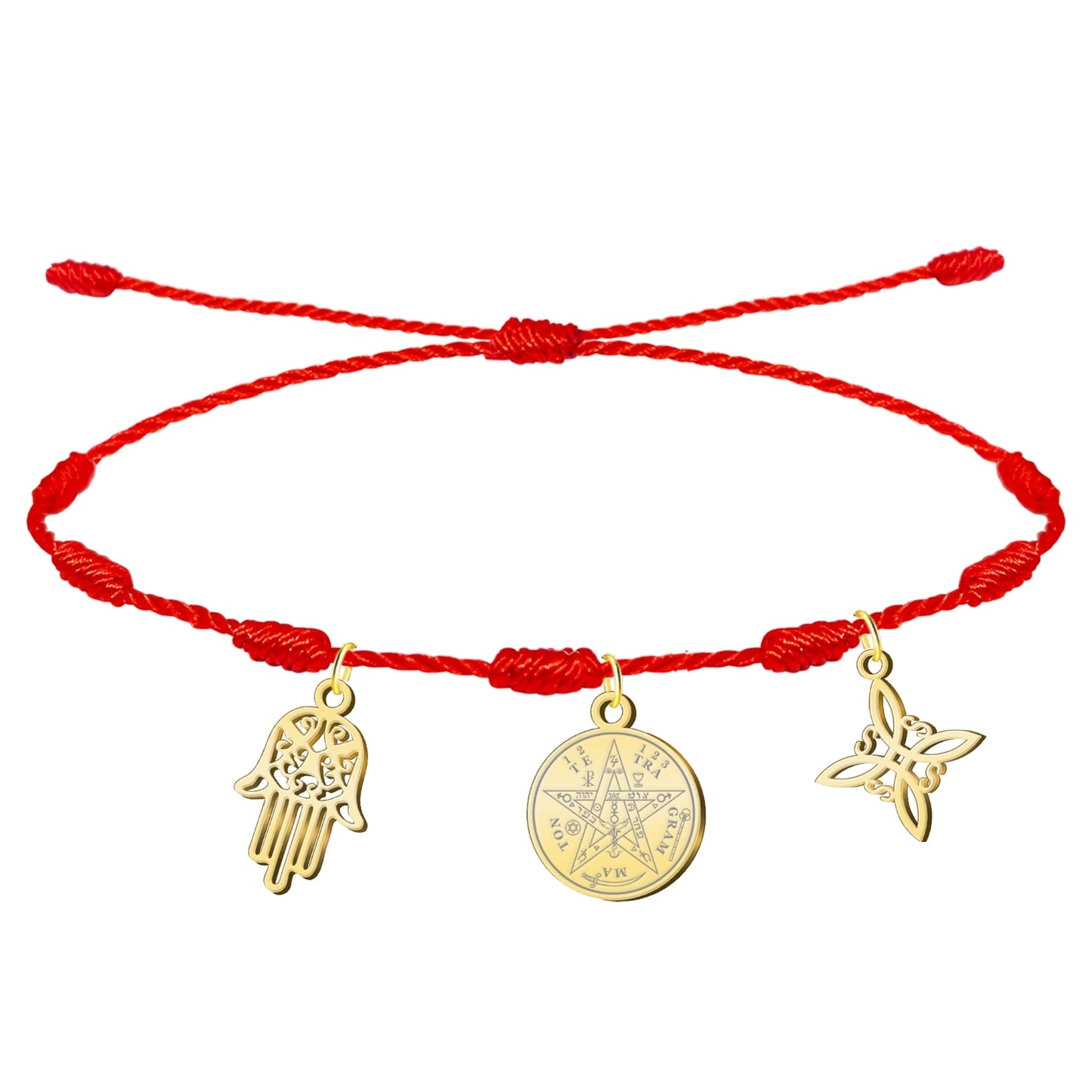 Pulsera 7 nudos con Nudo de Bruja y Tetragramatón, y Mano Fátima Dorado Acero Inoxidable