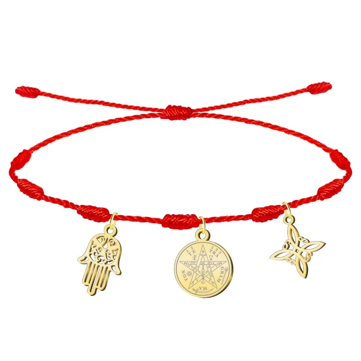 Pulsera de hilo rojo de 7 nudos con tres colgantes dorados: la Mano de Fátima (Jamsa), el Tetragrammatón y el Nudo de Bruja.