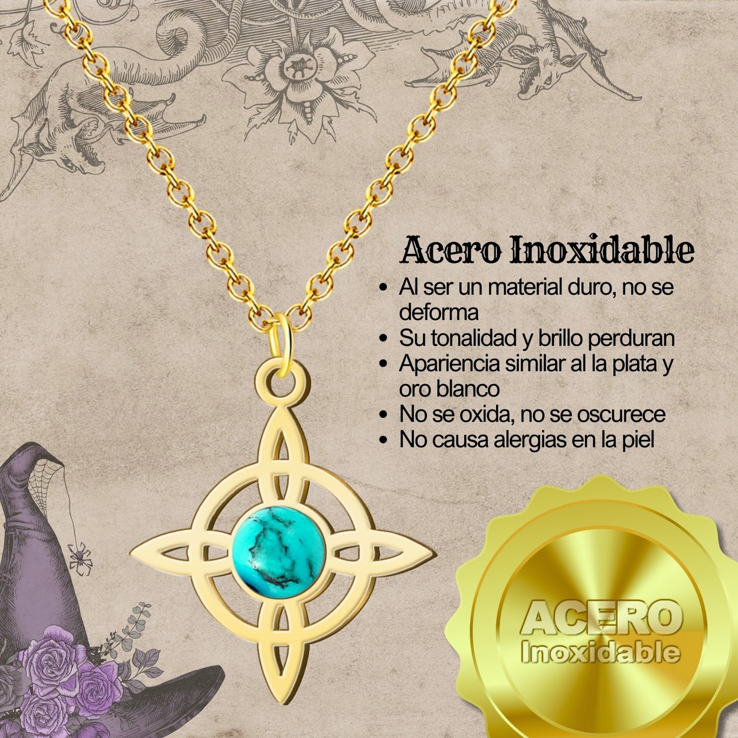 Colgante Nudo de Bruja con Turquesa en Acero Dorado