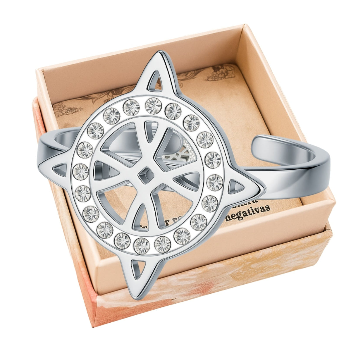 Anillo abierto de acero plateado con símbolo Nudo de Bruja rodeado de circonitas brillantes.